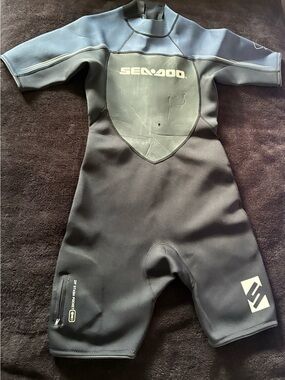 SEADOO BRP Wetsuit Stallion Shorty Spring S/S Neoprene Black Blue Gray Mens LRG
